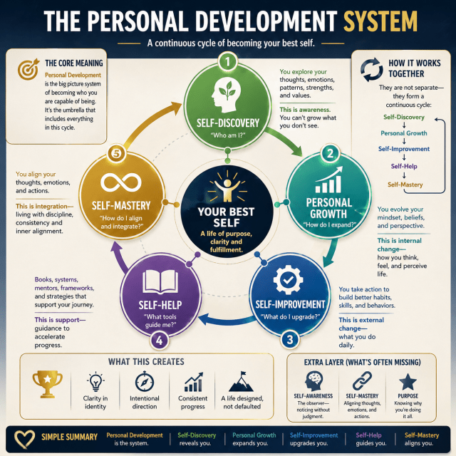 Personal development system hierarchy flow diagram showing self-discovery, personal growth, self-improvement, self-help, and self-mastery with mindset, habits, awareness, and life purpose progression